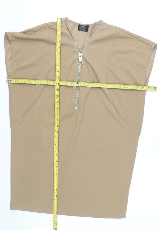 AX Paris Women’s Beige Shift Dress M Knee Length Zip V-Neck