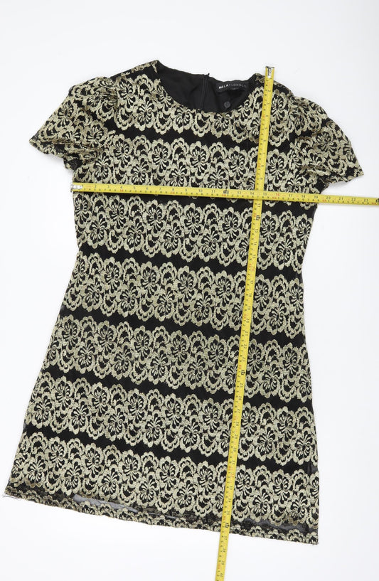 Mela London Women’s Black Gold Shift Dress Size 14 Short Sleeve Party