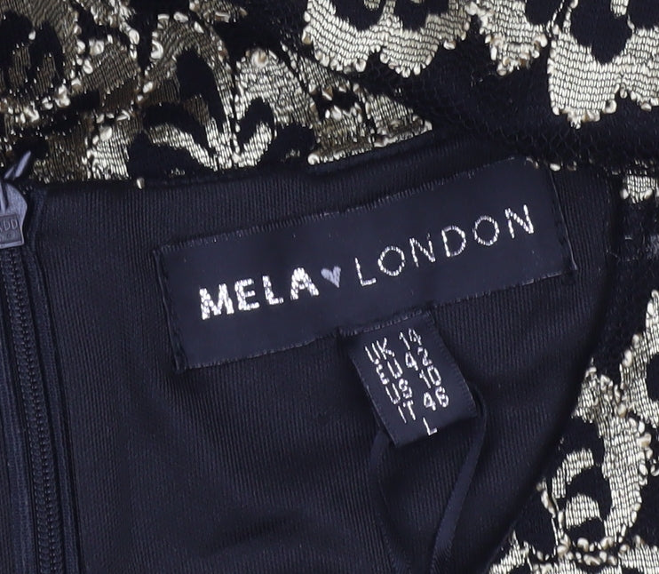 Mela London Women’s Black Gold Shift Dress Size 14 Short Sleeve Party