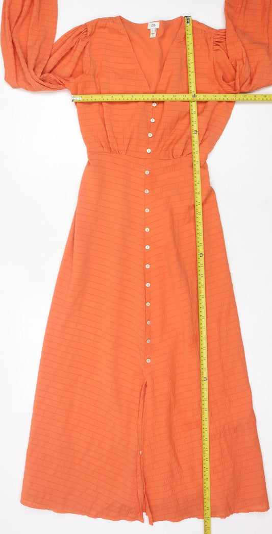 River Island Women’s Orange Midi Shirt Dress Size 6 Viscose