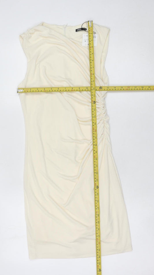 Zara Women Ivory Sheath Dress Size 12 Knee Length Ruched