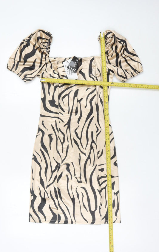 Quiz Women’s Beige Animal Print Bodycon Dress Size 12 Puff Sleeve