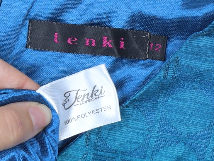 Tenki London Women Blue Floral Fit & Flare Dress Size 12 V-Neck Knee Length