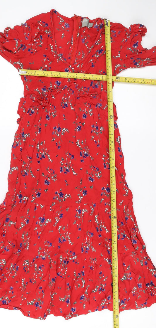 ASOS Women's Red Floral Midi Wrap Dress Size 8 Long Sleeve V-Neck