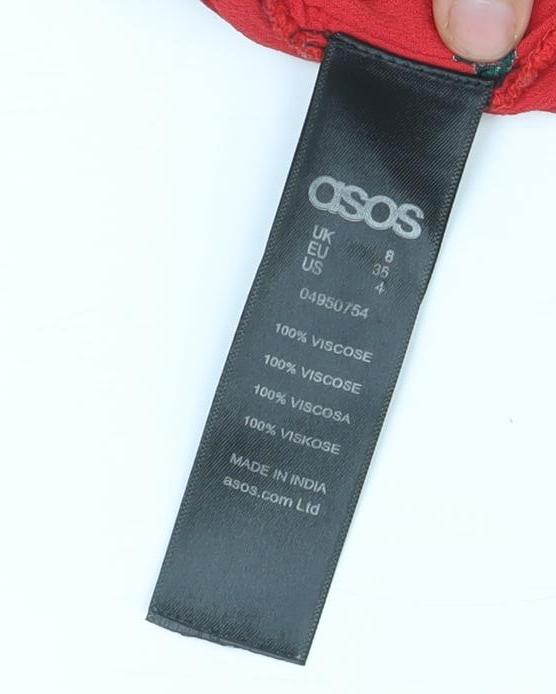 Brand and care label for ASOS Women's Red Floral Midi Wrap Dress, size 8, Long Sleeve V-Neck