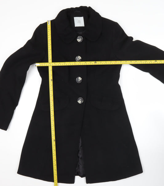 TU Womens Black Polyester Buttoned Mid-Length Overcoat Size 10