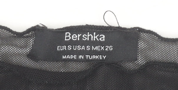 Bershka Women Black Sheer Embroidered Dragon Bodysuit Size S