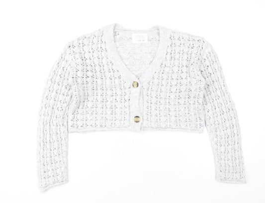 Zara Girls Grey Knit Button Cardigan Jumper 11-12 Years V-Neck Long Sleeve