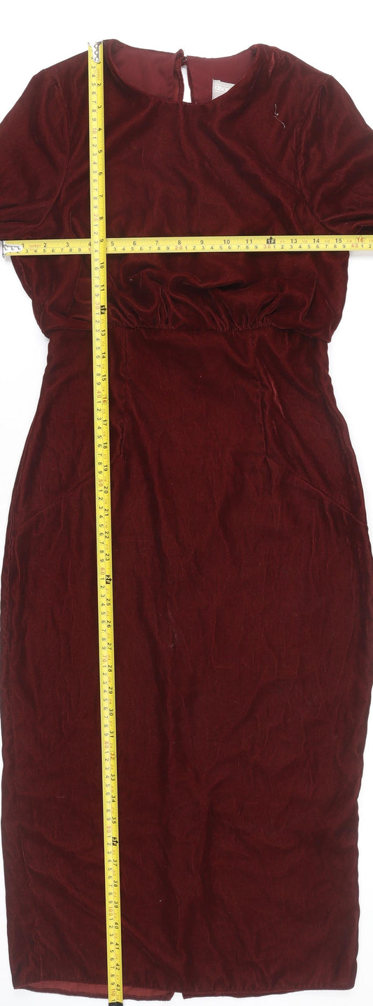 ASOS Women’s Red Velvet Midi Sheath Dress Size 6 Long Bell Sleeves