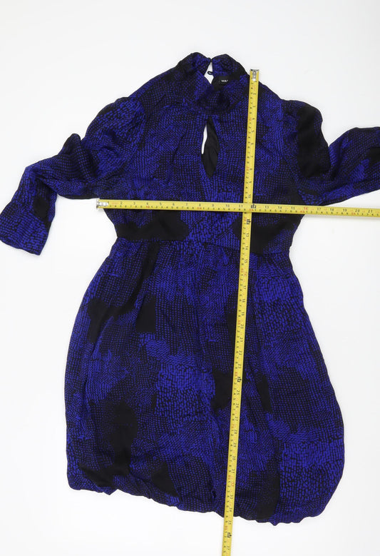 Warehouse Women’s Blue Silk Keyhole Neck Bubble Hem Dress UK 10