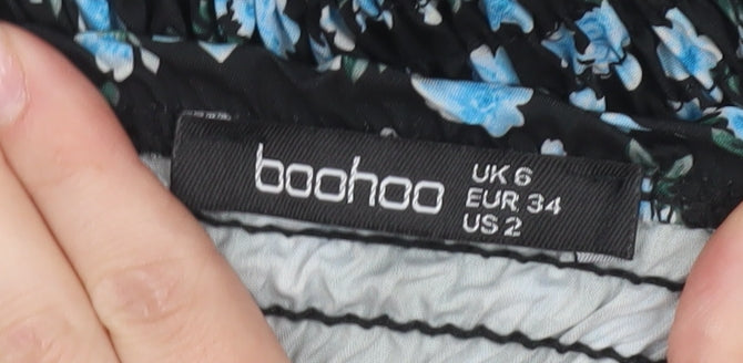 Boohoo Women’s Black Floral Cropped Blouse UK 6 Puff Sleeve