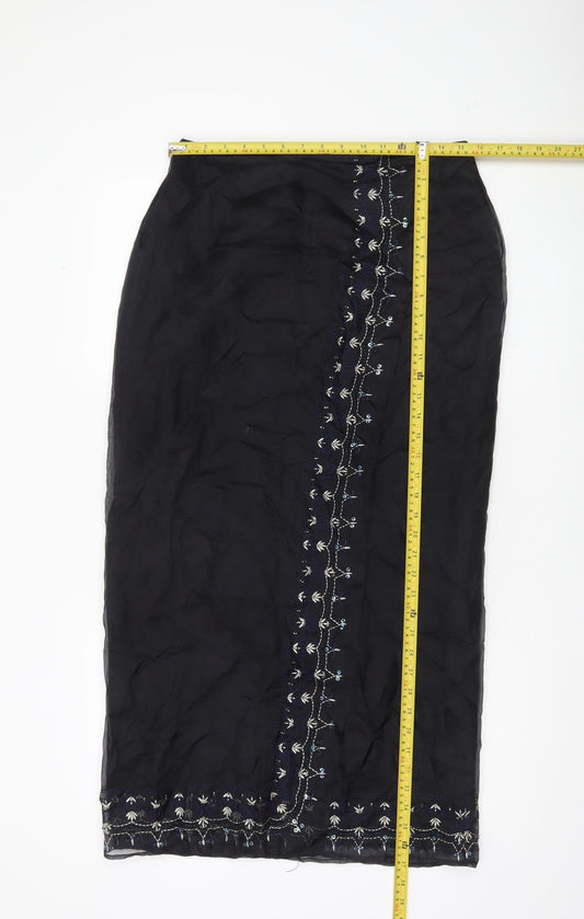 Debenhams Womens Black Silk Embroidered Midi Skirt Size 12