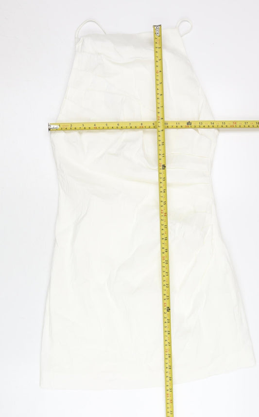 Zara Women White Linen Blend Slip Dress Size 14 Halter Sleeveless Short
