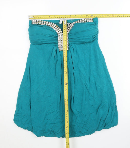 New Look Womens Green Strapless Beaded Tunic Blouse UK 8 Party Top
