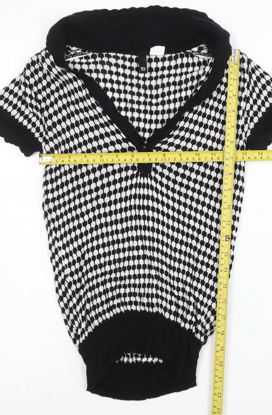 H&M Women Black & White Size 10 V-Neck Henley Knit Jumper