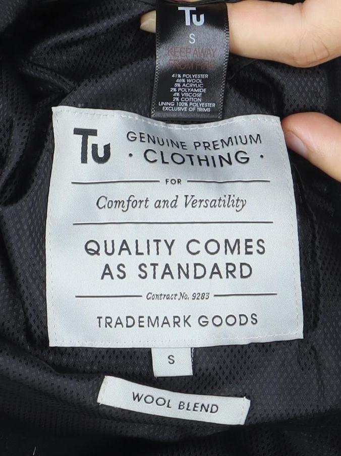 TU Mens Black Wool Blend Pea Coat Size S Mid-Length Classic Style