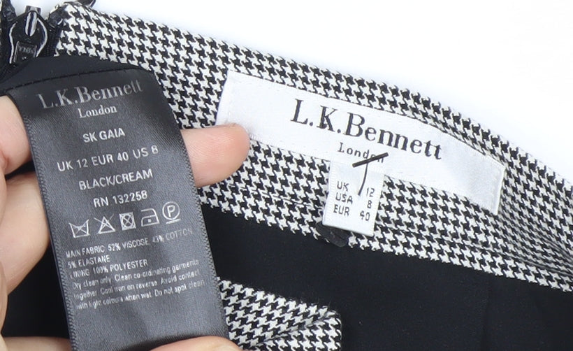 Brand and care label for L.K. Bennett Women’s Black White Check Pencil Skirt, size UK 12, Workwear
