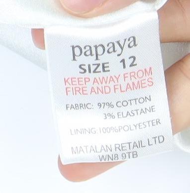 Brand and care label for Papaya Women’s Black White Lace Sheath Dress, size UK 12, Knee Length