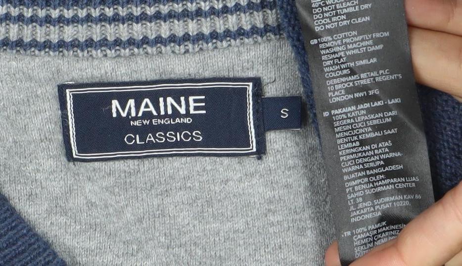 Brand and care label for Maine New England Men's Blue Cotton V-Neck Jumper, size S