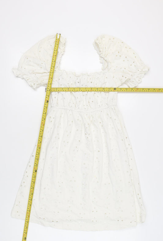 ASOS Women White Size 8 A-Line Puff Sleeve Knee Length Cotton Dress