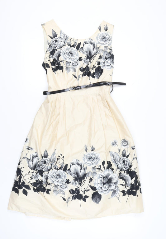 Debut Women's Beige Floral Fit & Flare Dress Size 12 Scoop Neck Sleeveless