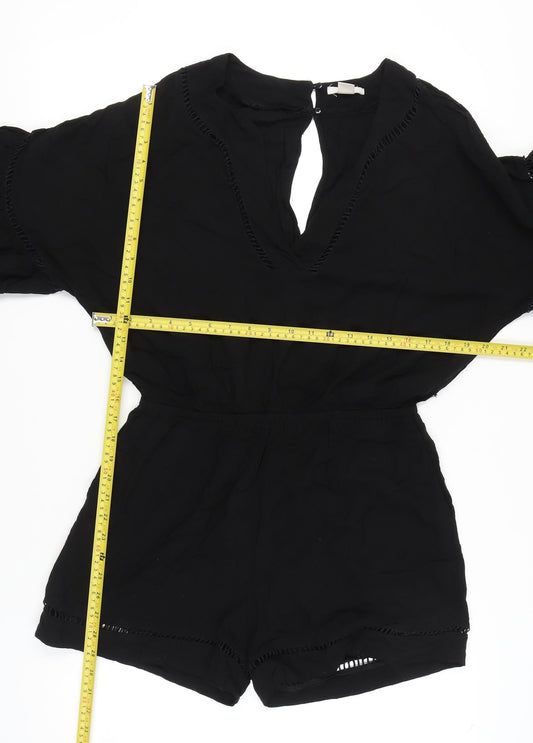 H&M Womens Black Viscose 3/4 Flared Sleeve Playsuit Size 10