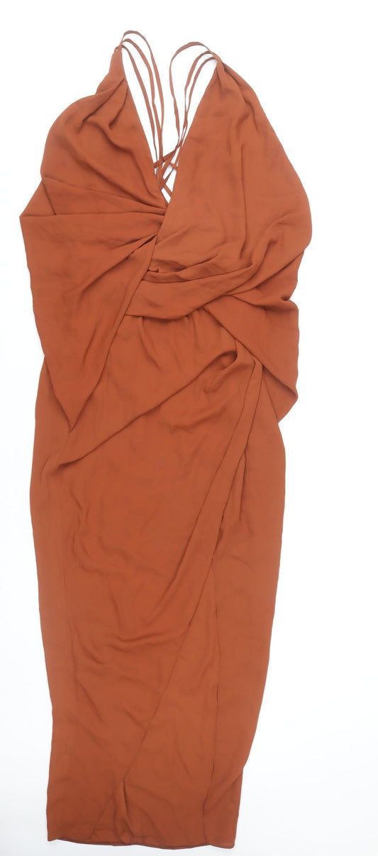 ASOS DESIGN Women Brown Size 8 Midi Bodycon Strappy V-Neck Dress