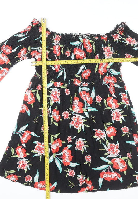 ASOS Womens Black Floral Off Shoulder Skater Dress Size 16