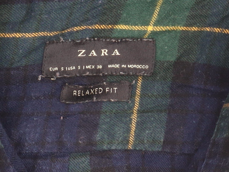 Zara Men’s Blue Green Plaid Button-Up Shirt Size S Relaxed Fit