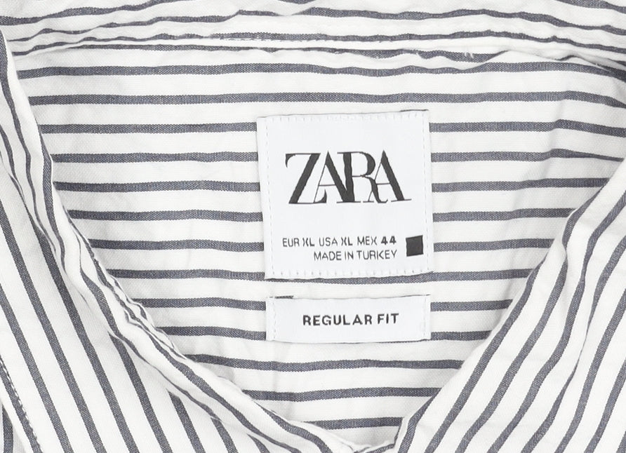Zara Men’s White Striped Cotton Long Sleeve Regular Fit Shirt XL