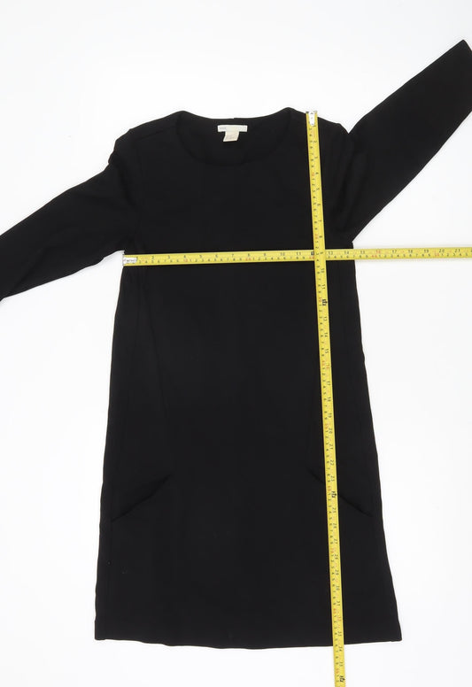 H&M Women Black XS Shift Dress Long Sleeve Round Neck