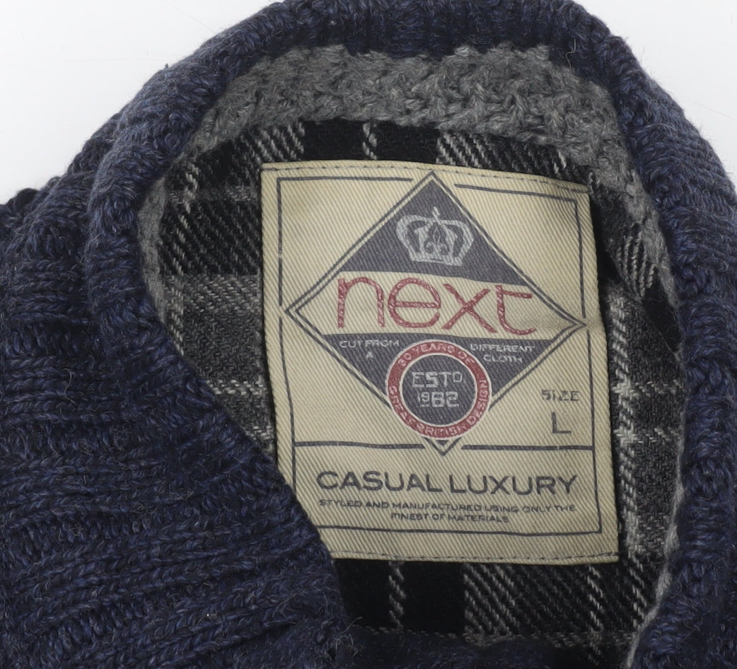 Next Mens Blue L Cable Knit Henley Jumper Mock Neck Casual Luxury