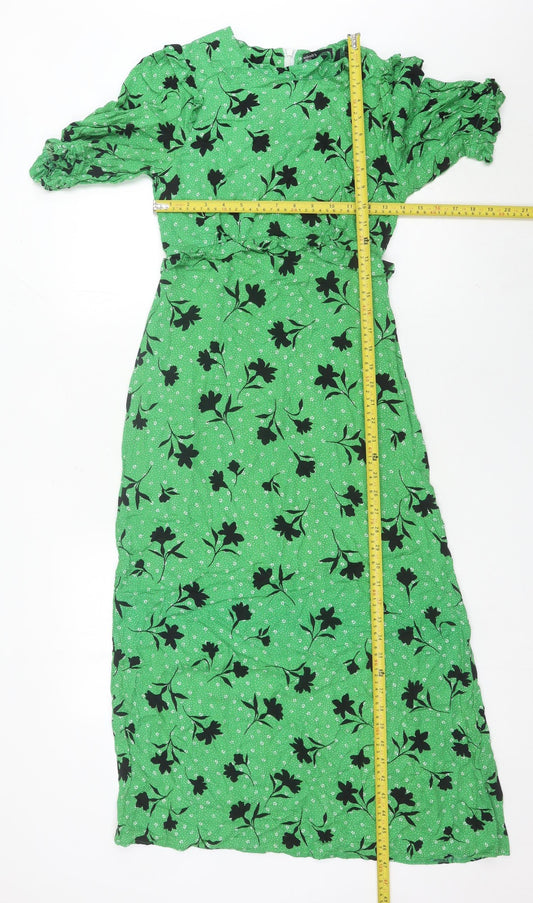 Nobody's Child Women's Green Floral Midi A-Line Puff Sleeve Dress UK 8