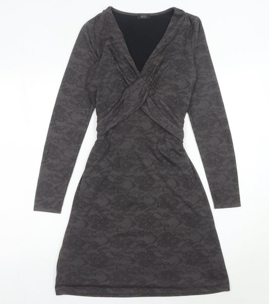 Additional front view of ESPRIT Women’s Grey XS Wrap Dress Long Sleeve Floral Belted