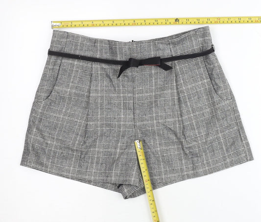 Topshop Women Grey Check Paperbag Shorts Size 12 Belted Pleated