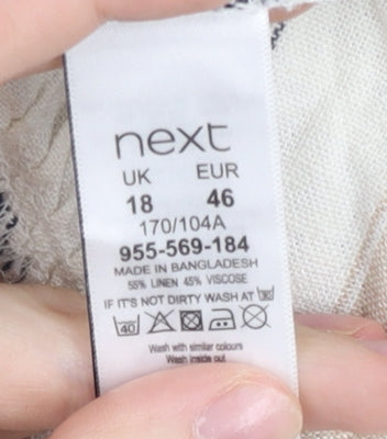 Next Women’s Beige Grey Striped Swing Dress Size 18 Linen V-Neck