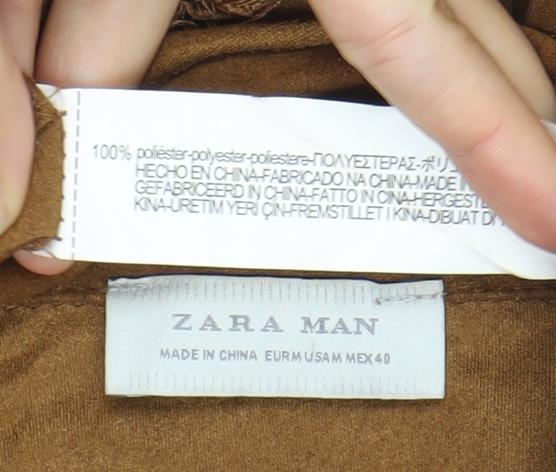 Zara Man Brown Polyester Polo Shirt Men M Short Sleeve 1/4 Zip