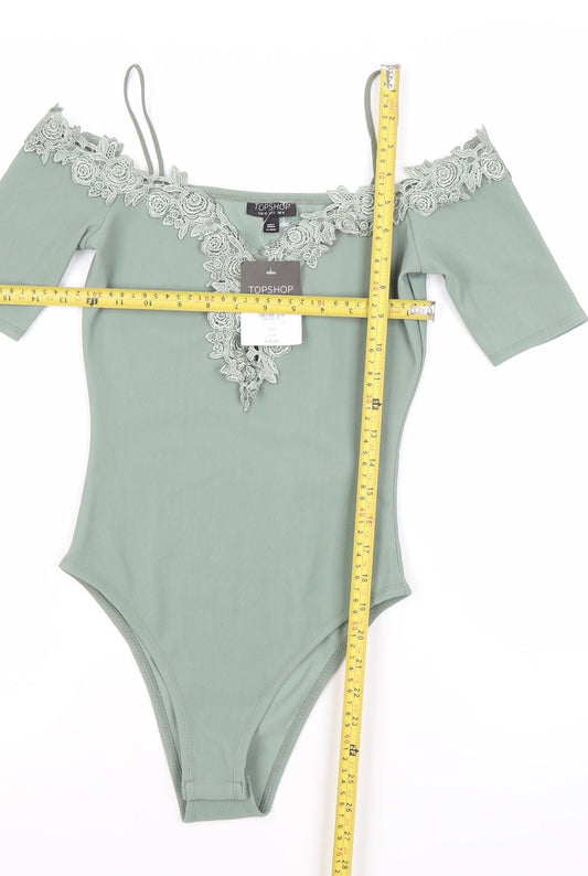 Topshop Women Green Lace Off Shoulder Bodysuit UK 4 Slim Fit
