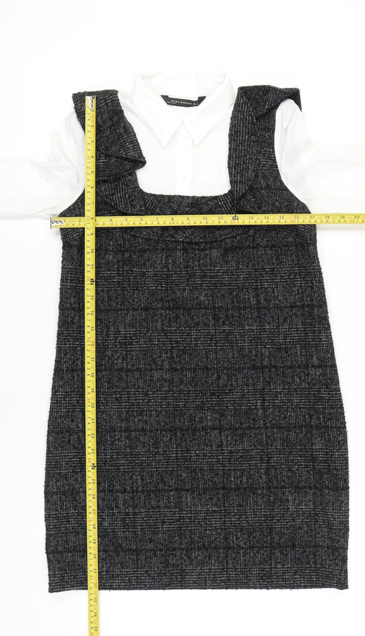 Zara Women Black Check Ruffle Pinafore Dress Size 8 Workwear