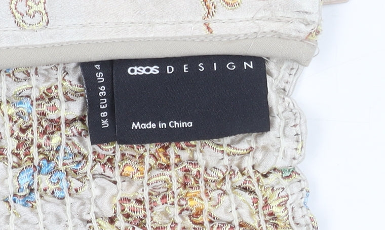 Additional view of ASOS Design Women’s Beige Satin Floral Puff Sleeve Cropped Blouse UK 8