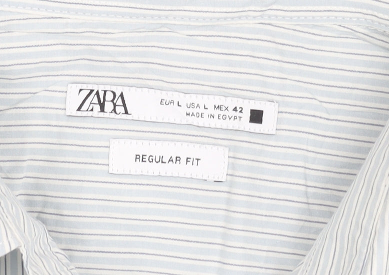 Zara Men Blue Striped Regular Fit Cotton Long Sleeve Shirt L 42