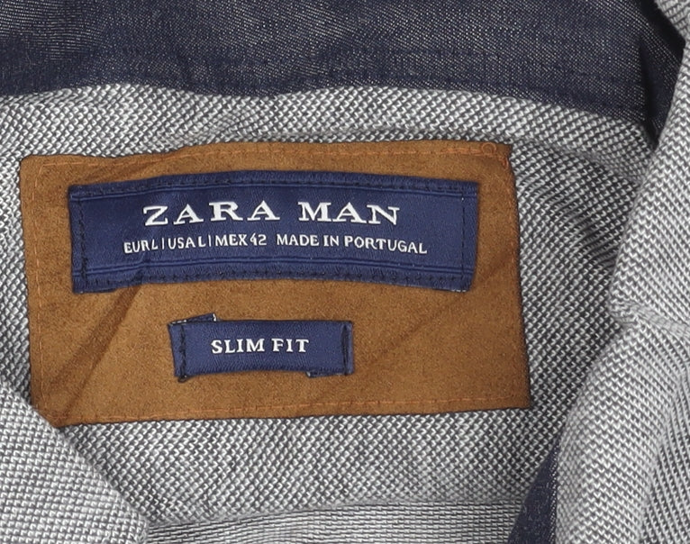 Zara Man Mens Grey Slim Fit Long Sleeve Polo Shirt Size L Cotton