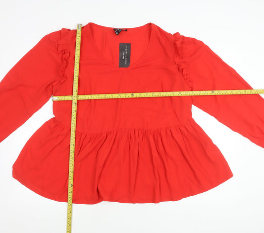 New Look Women Red Blouse Size 18 Curve Ruffle V-Neck Long Sleeve