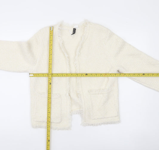 H&M Divided Women’s Ivory Cardigan Size 8 Open Knit Fringe Pockets