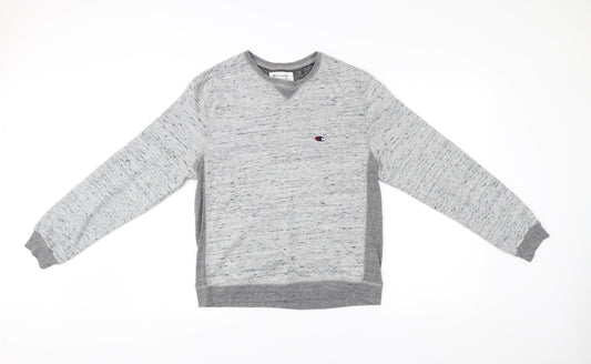 Additional front view of Champion unisex grey medium pullover sweatshirt vintage logo v-neck