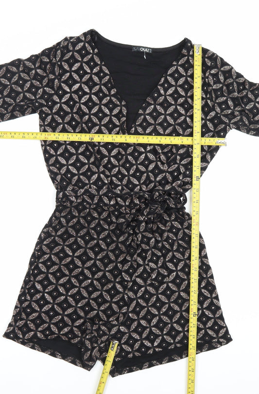 Quiz Women’s Black Metallic Geometric Playsuit Size 14 V-Neck 3/4 Sleeve