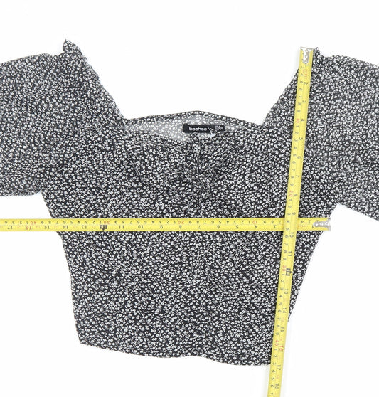 Boohoo Women’s Black Floral Cropped Blouse Size 8 Puff Sleeve