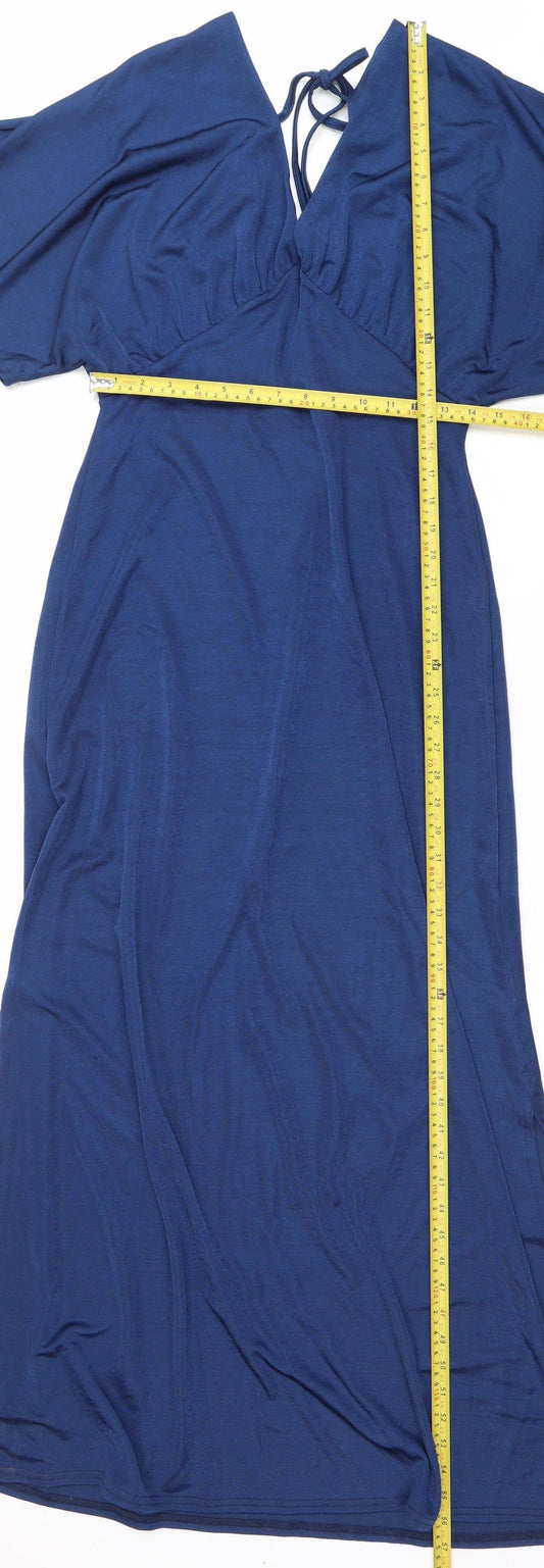 Oasis Women Blue Midi Wrap Dress M V-Neck Short Sleeve