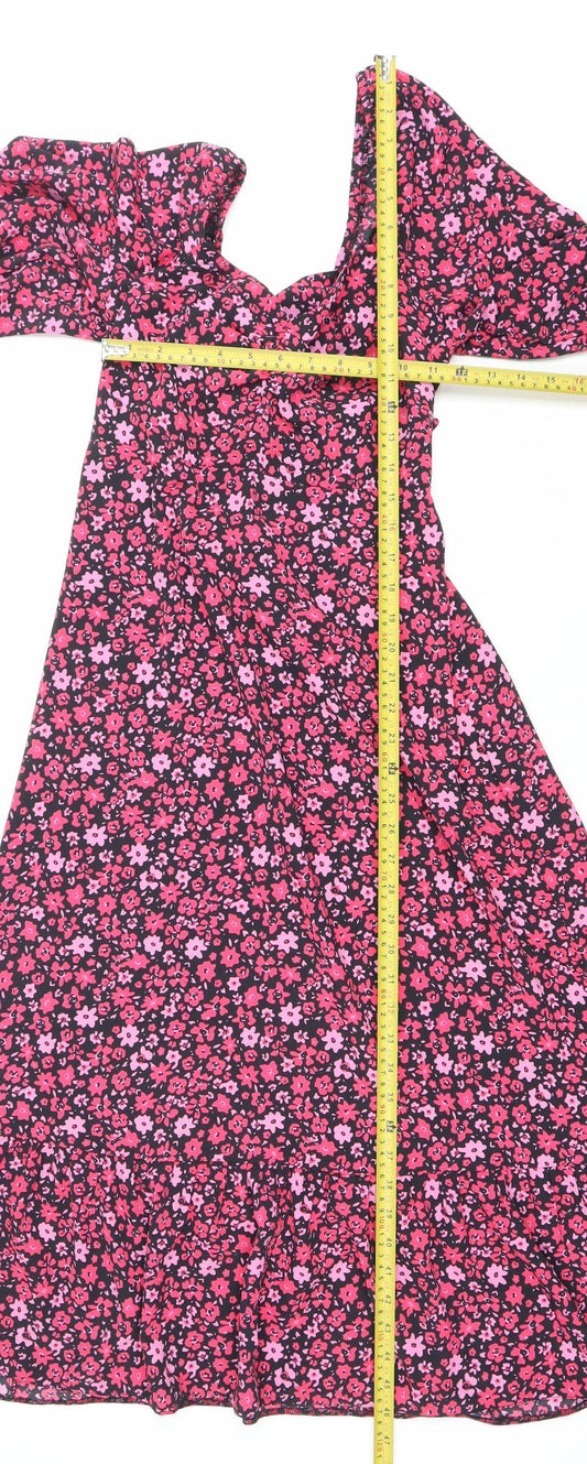 New Look Womens Pink Floral Wrap Midi Dress Size 10 Short Sleeve