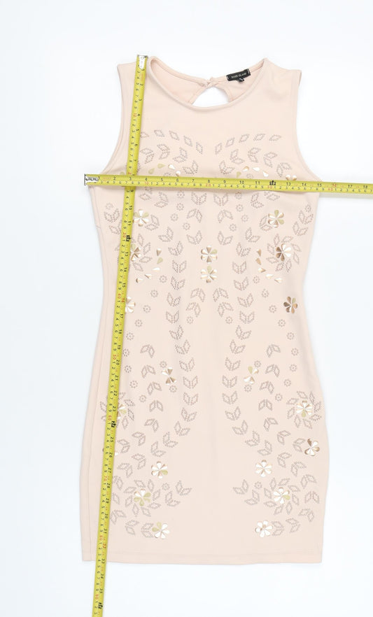 River Island Women’s Beige Bodycon Dress UK 10 Sleeveless Floral Party